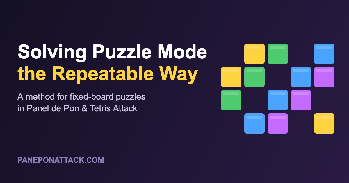 Panel de Pon puzzle grid with title Solving Puzzle Mode the Repeatable Way